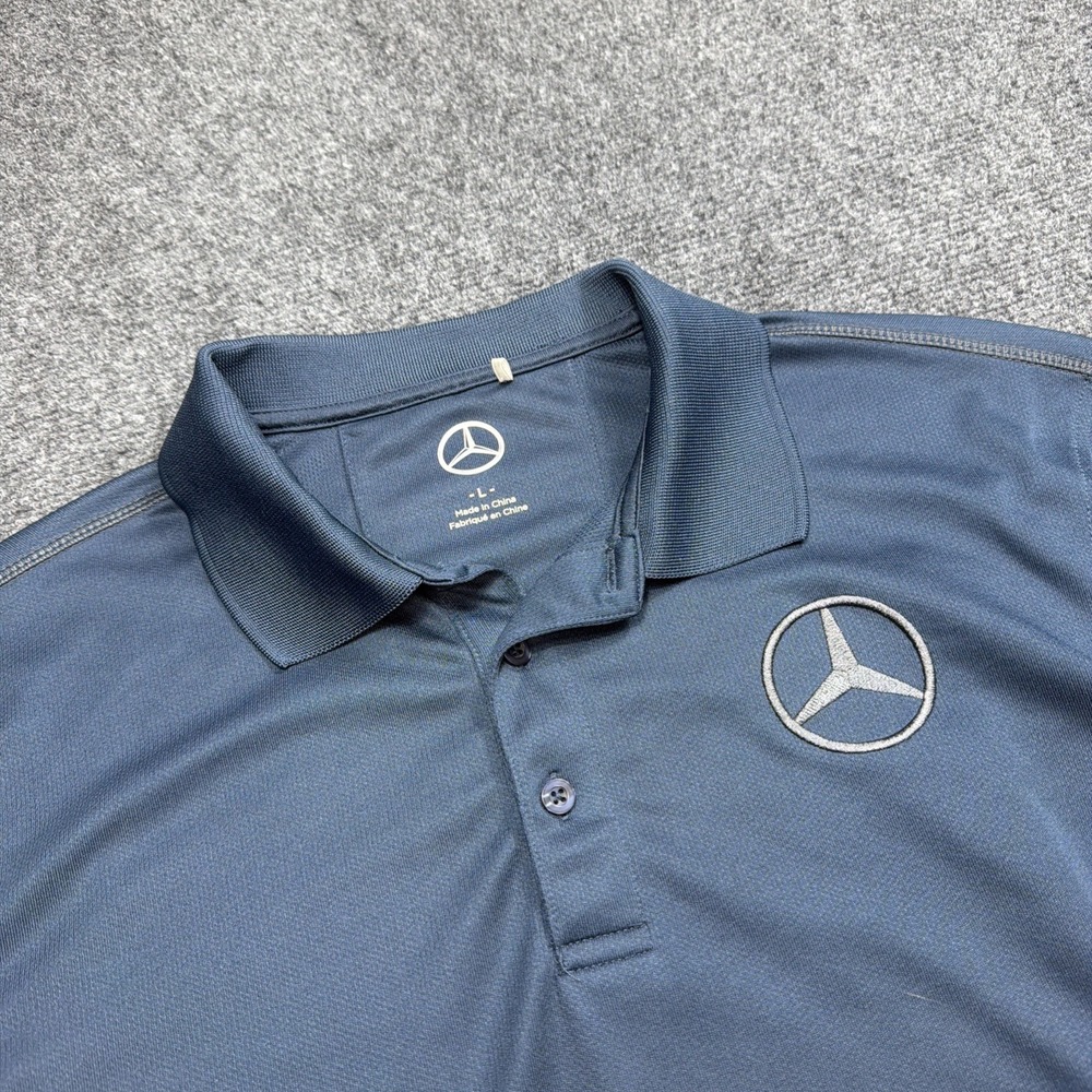Mercedes Benz Polo Shirt Mens Large Slim Blue Embroidered Logo Performance Golf